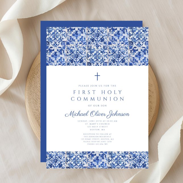Convites Elegante Cross Blue Azulejo Boy First Communing (Elegant Cross Blue Tiles Boy First Communion Invitation )