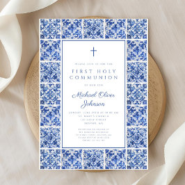 Convites Elegante Cross Blue Azulejo Boy First Communing