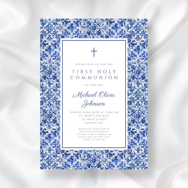 Convites Elegante Cross Blue Azulejo Boy First Communing (Elegant Cross Blue Tiles Boy First Communion Invitation)