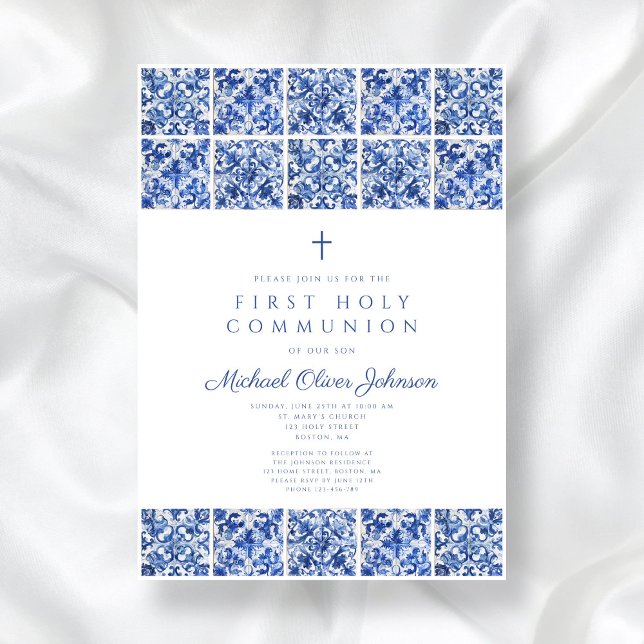 Convites Elegante Cross Blue Azulejo Boy First Communing (Elegant Cross Blue Tiles Boy First Communion Invitation)