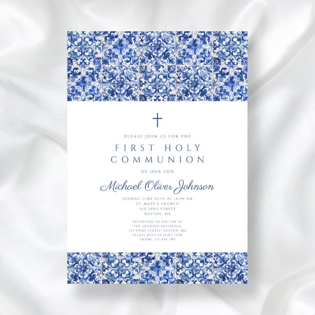 Convites Elegante Cross Blue Azulejo Boy First Communing (Elegant Cross Blue Tiles Boy First Communion Invitation)