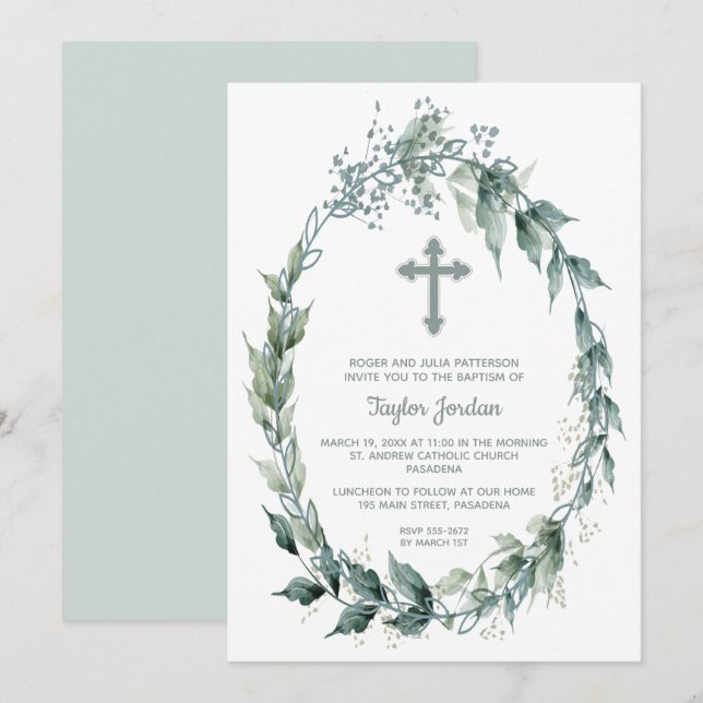 Convites Elegante Cross Greenery Wreath Baptism (Frente/Verso)