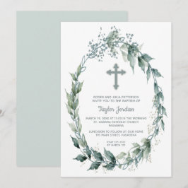 Convites Elegante Cross Greenery Wreath Baptism