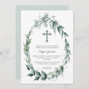 Convites Elegante Cross Greenery Wreath Baptism