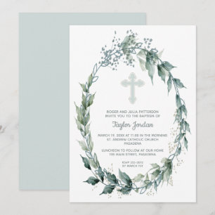 Convites Elegante Cruz Azul Vegetação Batismo