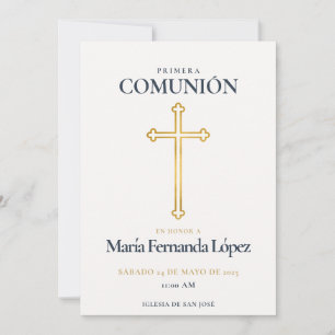 Convites Elegante Cruz de Ouro para Primeira Comunhão