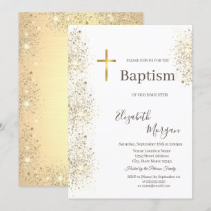 Convites Elegante Cruz Dourada Batismo Confete Dourado Bril