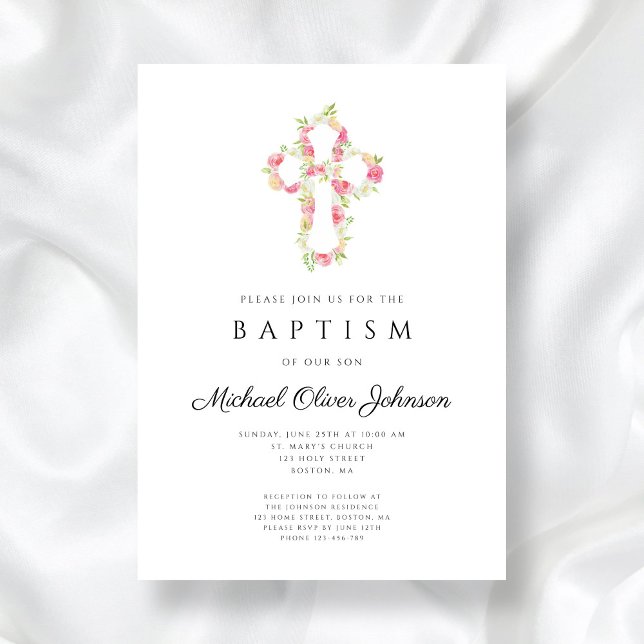 Convites Elegante Cruz Floral Rosa Batismo (Elegant Floral Pink Cross Baptism Invitation)