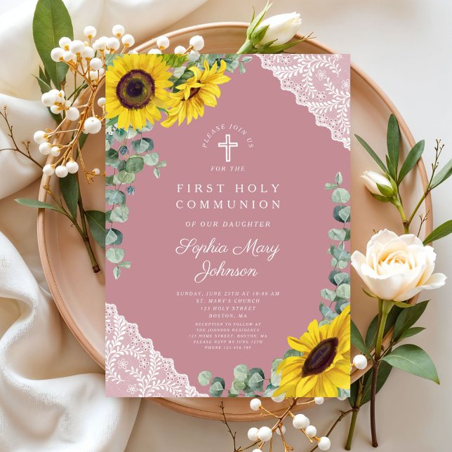 Convites Elegante Cruz Floral Rosa Moderna Primeira Comunhã (Elegant Modern Pink Floral Cross First Communion Invitation)