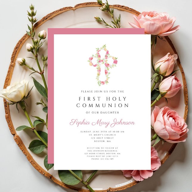 Convites Elegante Cruz Floral Rosa Primeira Comunhão   (Elegant Pink Floral Cross First Communion Invitation)