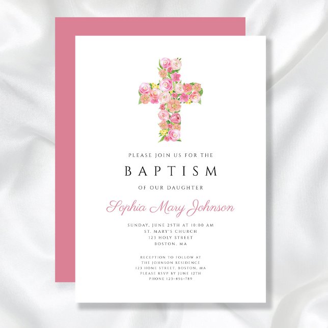 Convites Elegante Cruz Floral Rosa Religiosa Batismo (Elegant Religious Pink Floral Cross Baptism Invitation)
