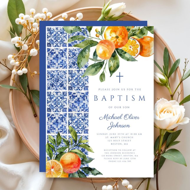 Convites Elegante Cruz Religiosa Azulejos Azuis Batismo (Elegant Religious Cross Blue Tiles Baptism Invitation)