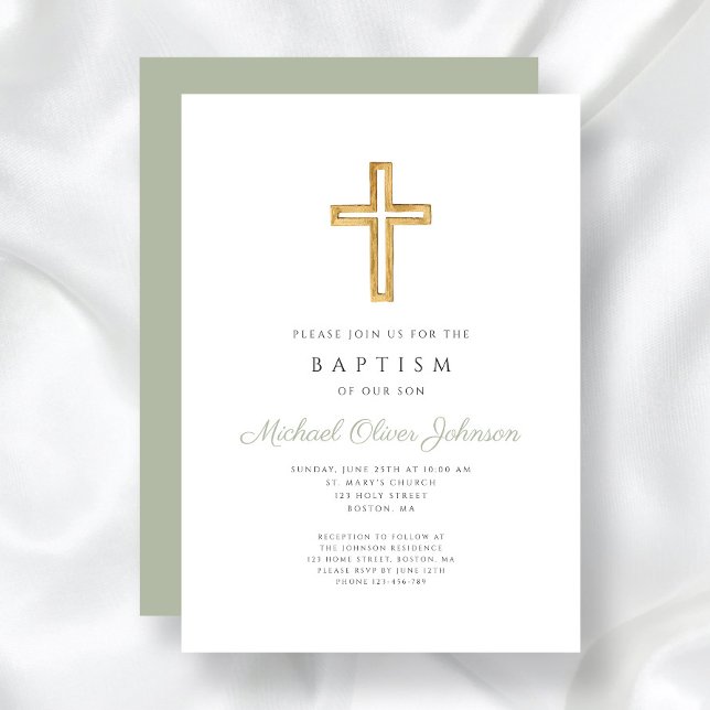 Convites Elegante Cruz Religiosa Verde Sálvia Batismo (Sage Green Religious Wood Cross Baptism Invitation)