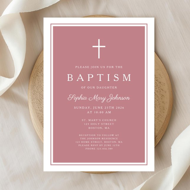 Convites Elegante Cruz Rosa Batismo de Menina (Elegant Pink Cross Baby Girl Baptism Invitation)