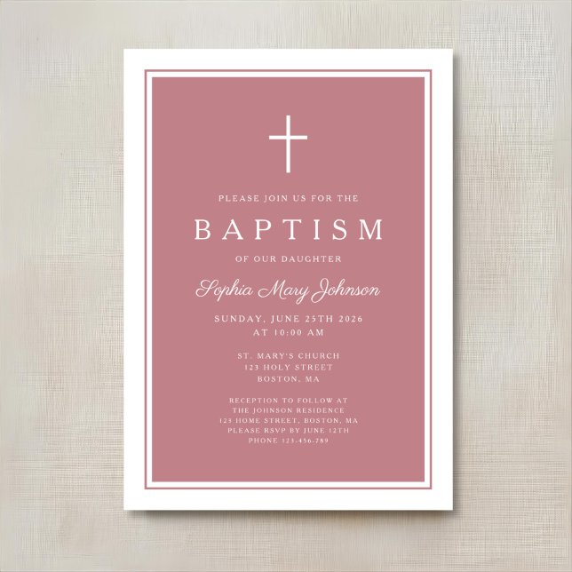 Convites Elegante Cruz Rosa Batismo de Menina (Elegant Pink Cross Baby Girl Baptism Invitation)
