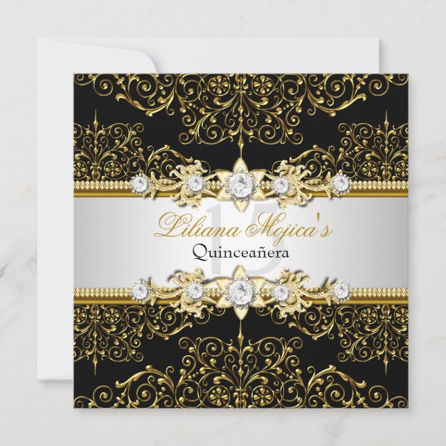 Convites Elegante Damasco com Redemoinho Dourado e Preto Qu (Frente)
