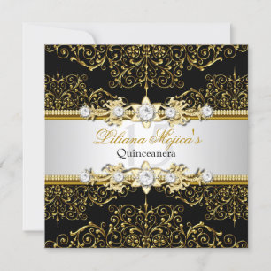 Convites Elegante Damasco com Redemoinho Dourado e Preto Qu