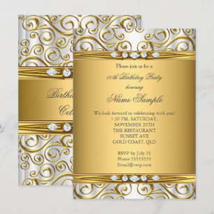 Convites Elegante Damasco Dourado Branco com Diamante Festa