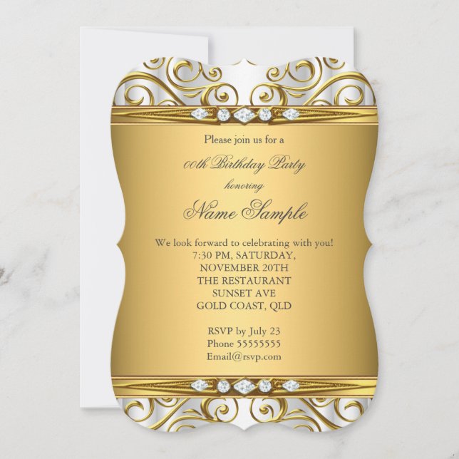 Convites Elegante Damasco Dourado Branco com Diamantes Fest (Frente)