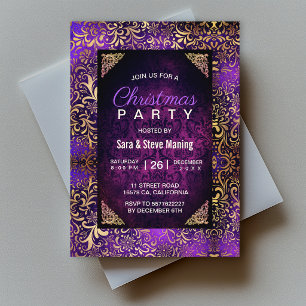 Convites Elegante damasco floral roxo falso dourado Natal