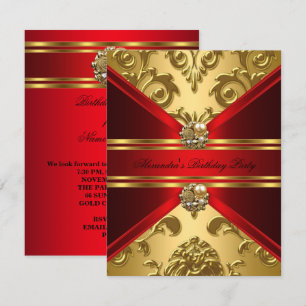 Convites Elegante Damasco Floral Vermelho Regal Dourado Ani