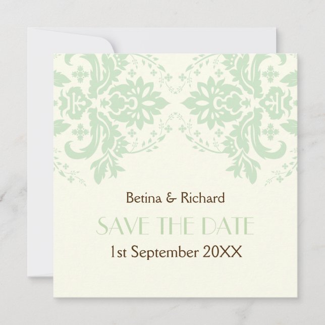 Convites Elegante damasco marfim mint Save the Date de casa (Frente)