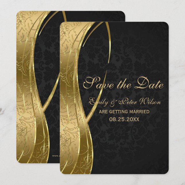 Convites Elegante Damasco Preto e Dourado - Save The Date (Frente/Verso)