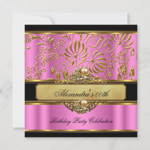 Convites Elegante Damasco Preto em Ouro Rosa Pérola Festa