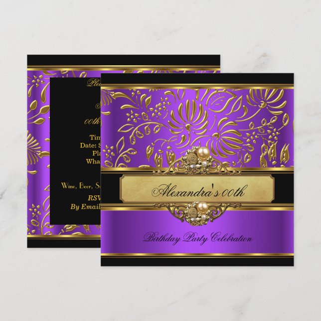 Convites Elegante Damasco Roxo Dourado Pérola Festa (Frente/Verso)