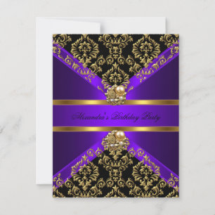 Convites Elegante Damasco Roxo Dourado Preto Aniversário