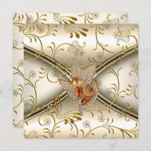 Convites Elegante Damask Caramel Cream Beige Dourado