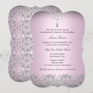 Convites Elegante Damask & Cruz Rosa Batismo 2