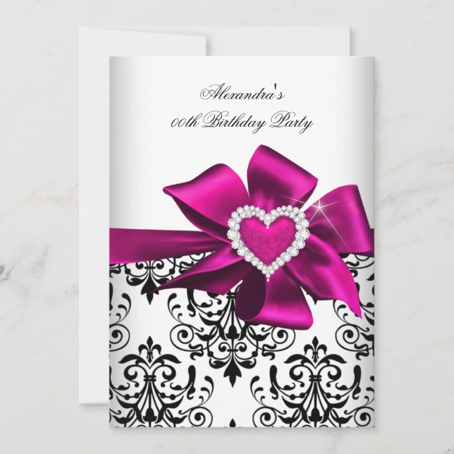 Convites Elegante Damask Pink Heart Jewel Birthday (Frente)