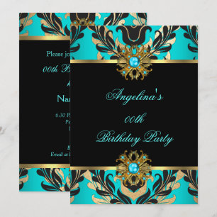 Convites Elegante Damask Teal Blue Dourado Festa de anivers