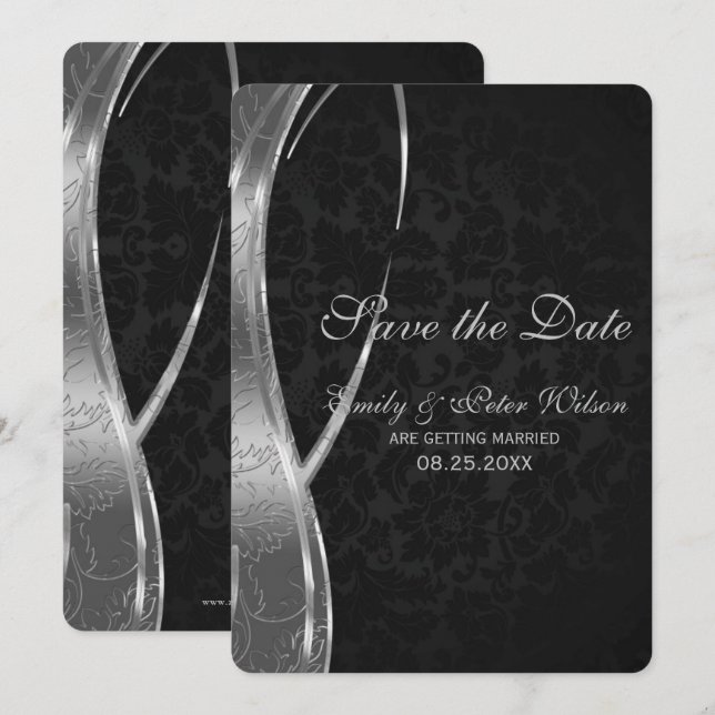 Convites Elegante Damasko Preto e Prata - Save The Date (Frente/Verso)