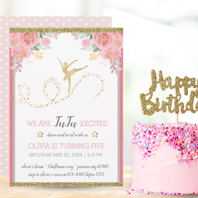 Convites Elegante Dancer | Festa de aniversário de Garota F (Elegant Dancer | Pink Floral Girl Birthday Party Invitation)