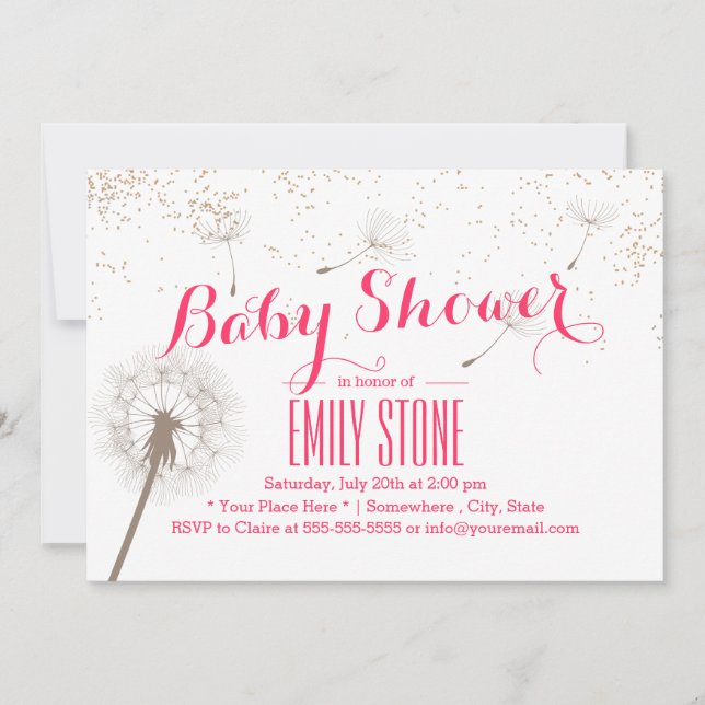 Convites Elegante Dandelion soprando Chá de fraldas rosa (Frente)