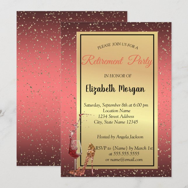 Convites Elegante de alto salto, Vidro de Vinho, Partido da (Frente/Verso)