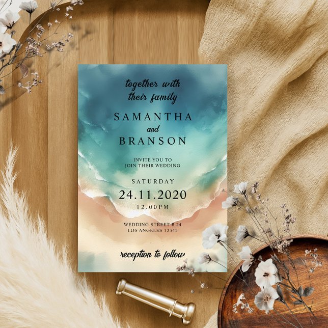 Convites Elegante de Aquarela Azul de Praia do Oceano Moder (Criador carregado)