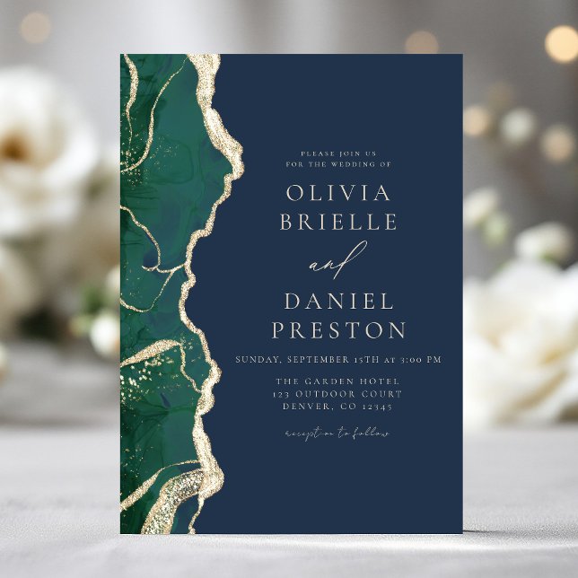 Convites Elegante de Casamento de Agata Azul do Marinho Ver (Criador carregado)