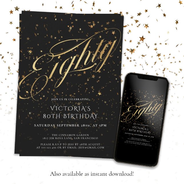 Convites Elegante de Confetti Dourado 80 Birthday Oitavo (80th Birthday Eighty Black Gold Confetti Elegant Invitation)