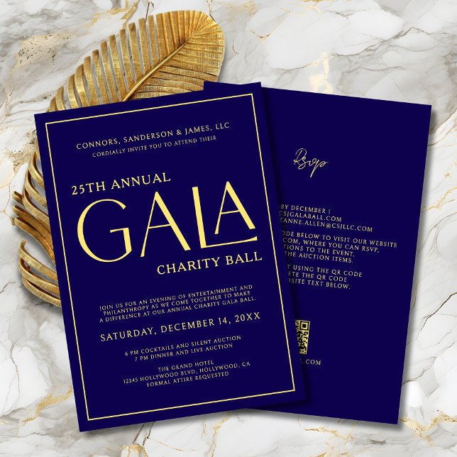 Convites Elegante de evento Gala Caridade de Fundraiser Azu (Elegant Gala Event Charity Fundraiser Blue and Gold Invitation with QR Code, RSVP on Back.
)