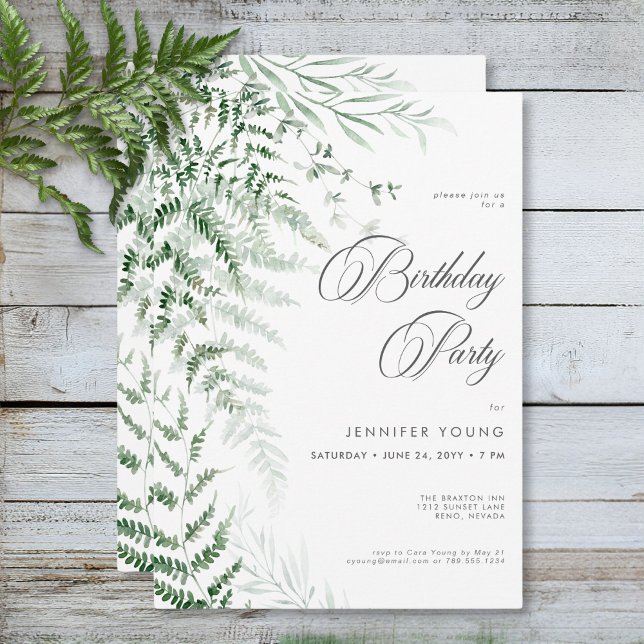 Convites Elegante Delicada Folhagem Samambaias Aniversário (Elegant Delicate Greenery Ferns Birthday Invitation)