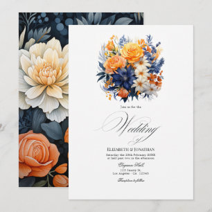 Convites Elegante Design Floral em Aquarela Azul-Marinho e
