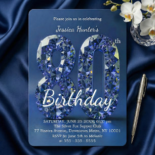 Convites Elegante Diamante Azul Jóia Glam 80º Aniversário