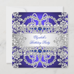 Convites Elegante Diamantes Azul Real Prata Floral Aniversá