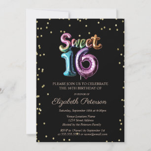 Convites Elegante Diamantes Dourados Balão Preto Sweet 16