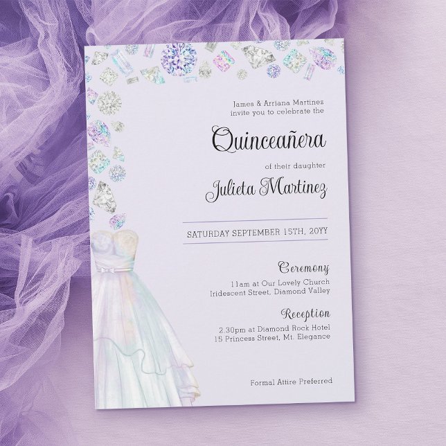 Convites Elegante Diamond Princess Quinceanera e Massachuse (Elegant Quinceanera invitation template in light purple)