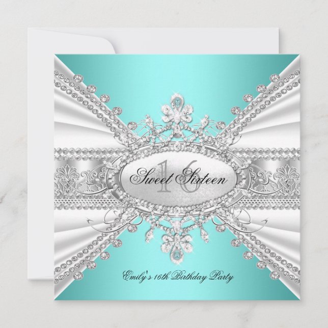 Convites Elegante Diamond Teal Sweet, 16 Dezesseis Partes 3 (Frente)