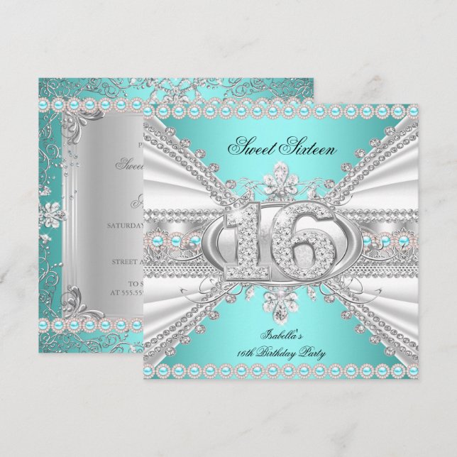Convites Elegante Diamond Teal Sweet 16 Partido A (Frente/Verso)